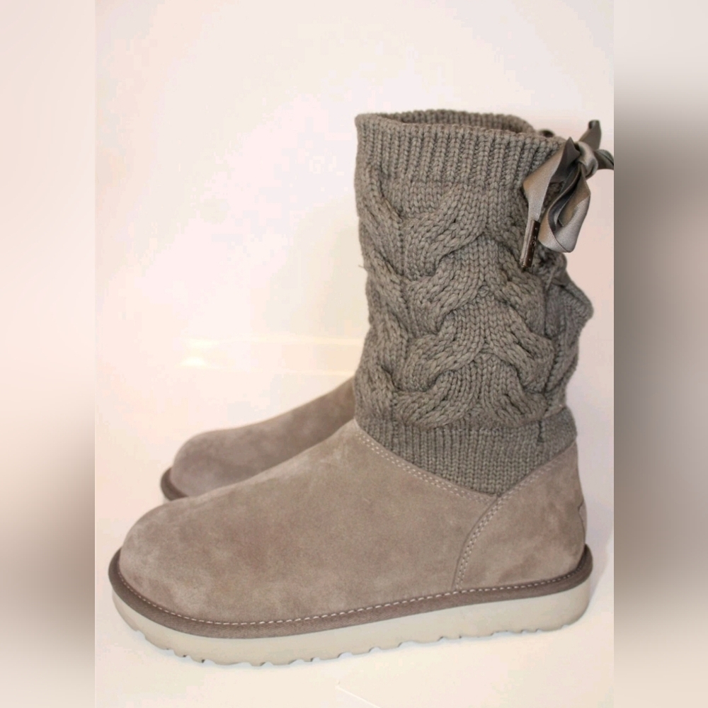 UGG Kiandra Willow Ribbon Bow Gray Knit Sweater Fabric Suede Shearling Boots 10 - Picture 13 of 16
